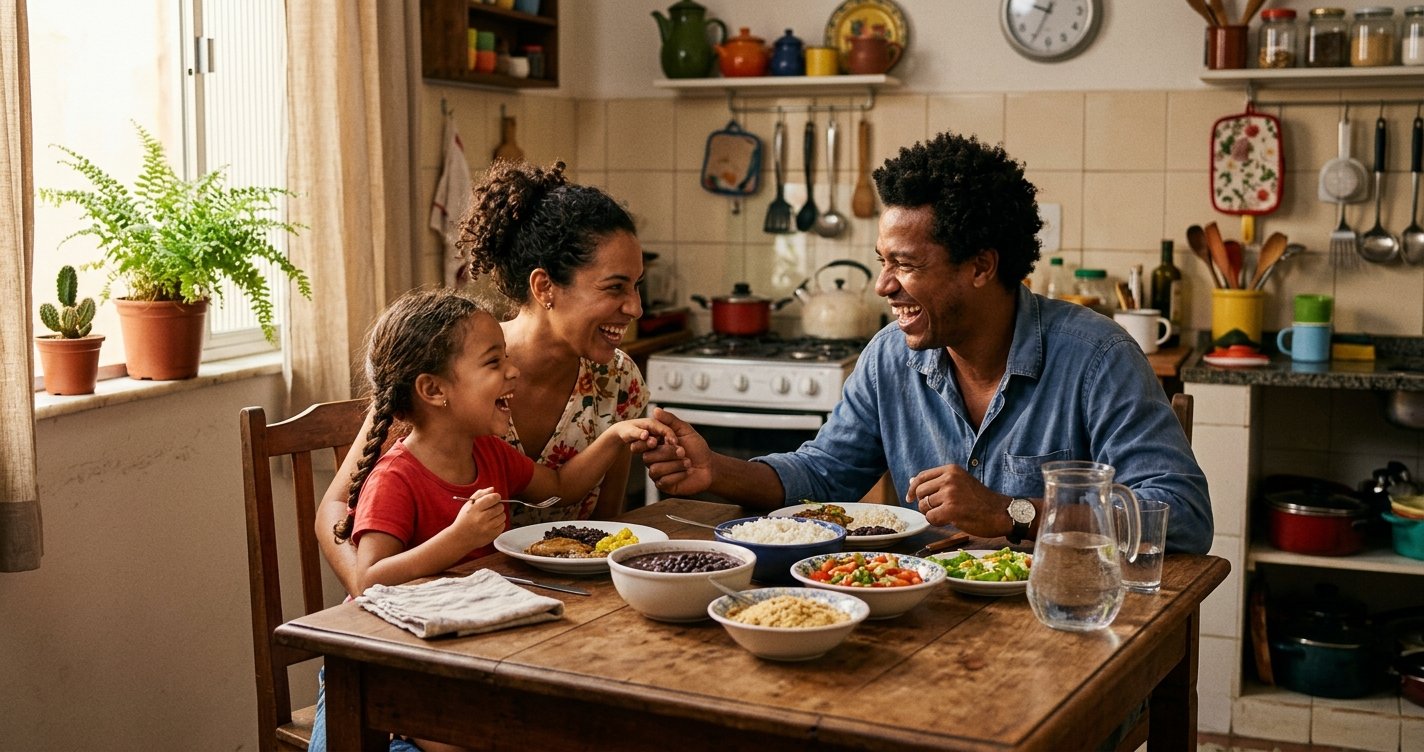 Família reunida à mesa da cozinha compartilhando uma refeição