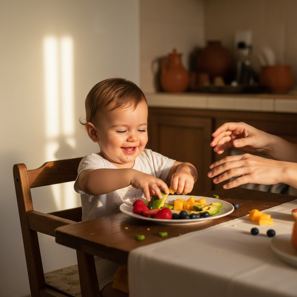 Criança pequena olhando com desconfiança para um prato de comida nova