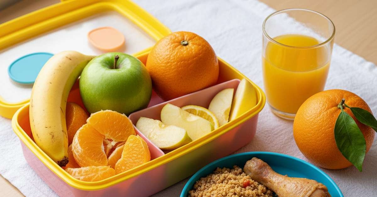 Lancheira com laranja em gomos, maçã e banana ao lado de um copo de suco de laranja