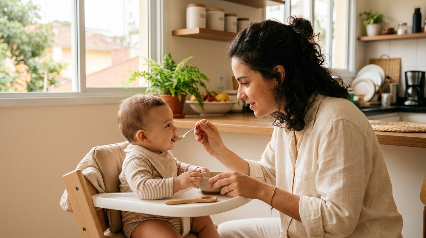 Mãe oferecendo com carinho uma colher de comida pro bebê