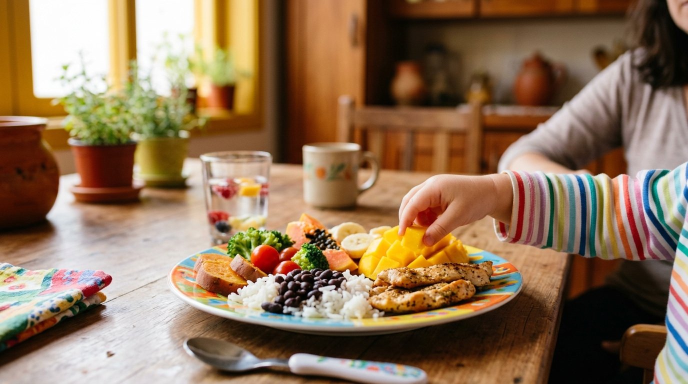 Prato colorido com alimentos variados na mesa de uma família