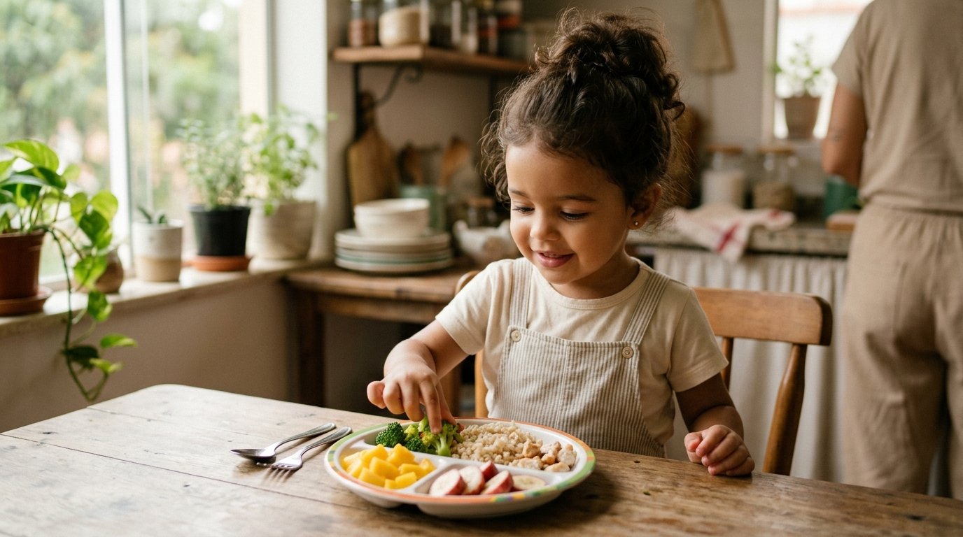 Criança pequena experimentando um prato colorido com frutas, legumes e arroz