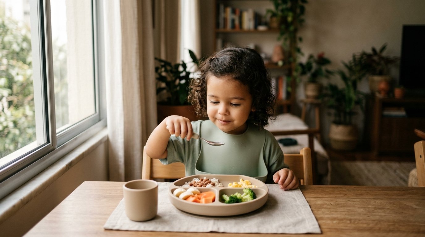 Criança pequena comendo com calma um prato dividido em porções separadas